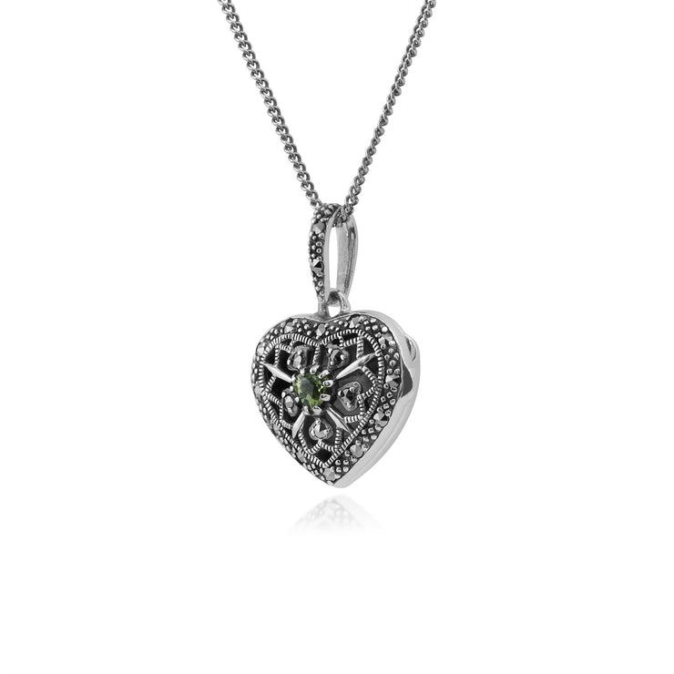 Collana cuore portafoto in stile Art Nouveau Argento 925 con peridoto e marcasite