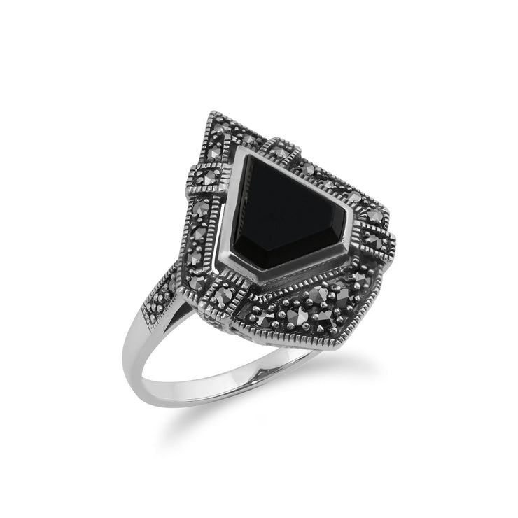 Anello Gemondo Marcasite, anello in stile Art Déco con marcasite in argento e onice nero