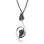 Ciondolo rotondo a foglia intrecciata in argento 925 marcasite e orecchini a bottone
