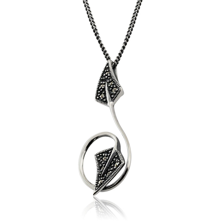Ciondolo rotondo a foglia intrecciata in argento 925 marcasite e orecchini a bottone