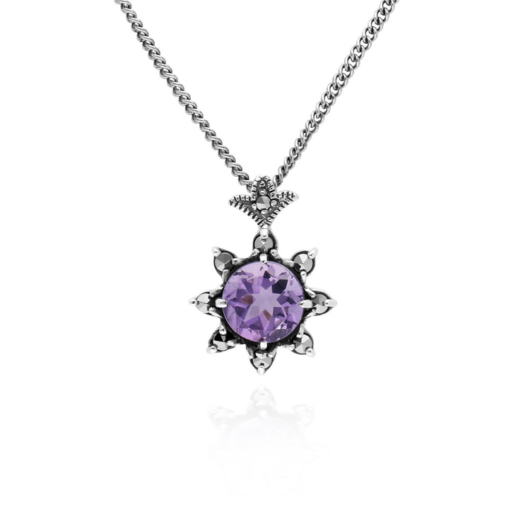 Collana floreale in argento 925 con ametista rotonda e marcasite