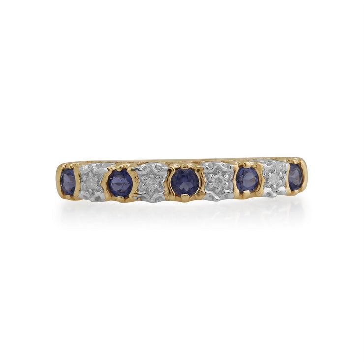 Anello Gemondo Iolite, anello Half Eternity in oro giallo da 9 ct con iolite da 0,18 ct e diamante da 2 pt