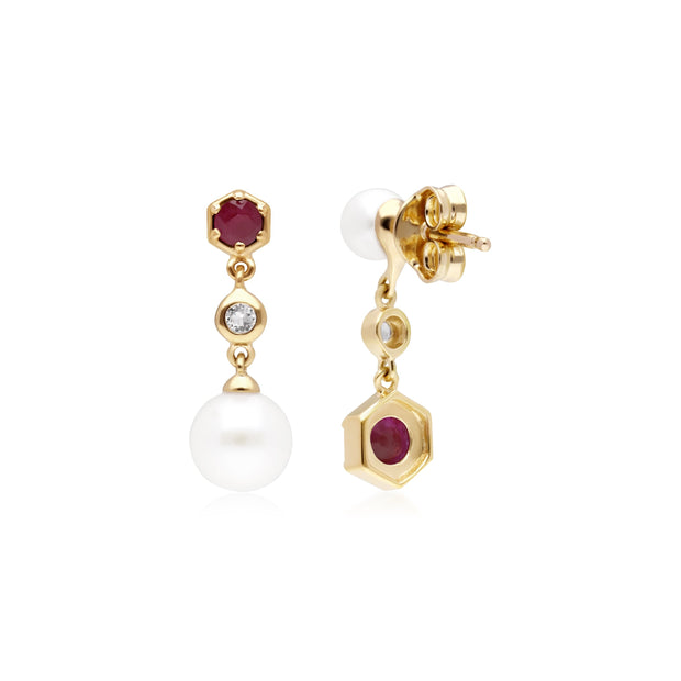 Orecchini pendenti asimmetrici con perle moderne Argento 925 placcato oro Perla, rubino e topazio