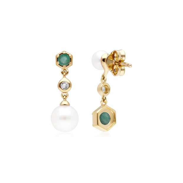Orecchini pendenti asimmetrici con perle moderne Argento 925 placcato oro Perla, smeraldo e topazio