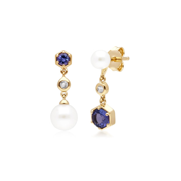 Orecchini pendenti asimmetrici con perle moderne Argento 925 placcato oro Perla, tanzanite e topazio