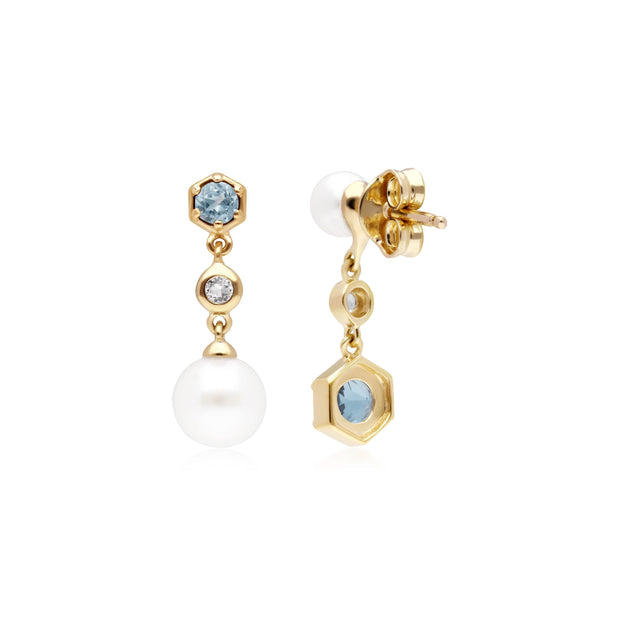 Orecchini pendenti asimmetrici con perle moderne Argento 925 placcato oro Perla e topazio blu e bianco