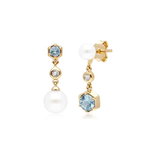 Orecchini pendenti asimmetrici con perle moderne Argento 925 placcato oro Perla e topazio blu e bianco