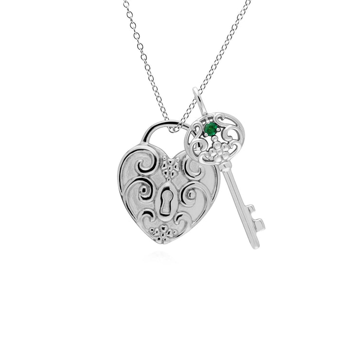 Ciondolo classico con lucchetto a cuore intrecciato in argento 925 e grandi ciondoli con chiave in smeraldo