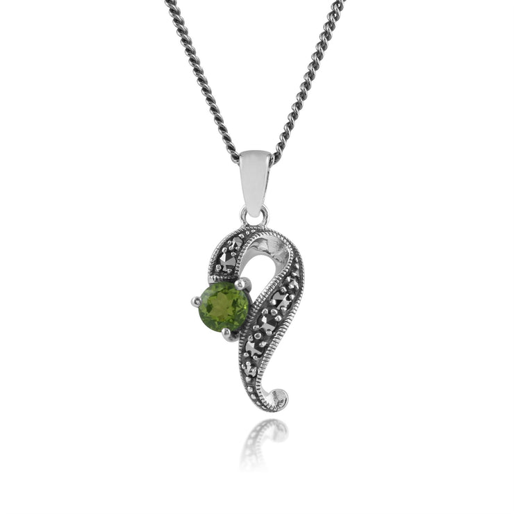 Collana e orecchini a bottone intrecciato in stile Art Nouveau Argento 925 con peridoto rotondo e marcasite