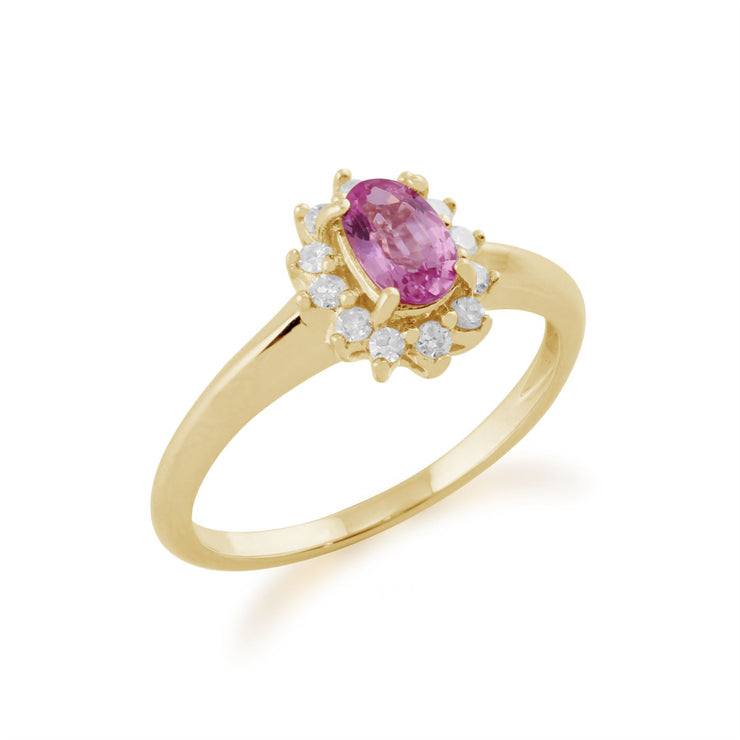 Anello Gemondo con zaffiro rosa, anello a grappolo ovale in oro giallo da 9 ct con zaffiro rosa da 0,52 ct e diamanti