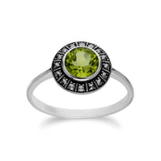 Ciondolo e anello in stile Art Déco Argento 925 con peridoto e grappolo rotondo di marcasite