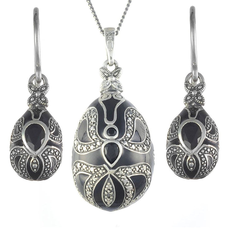 Collana con uovo Fabergé in stile Art Nouveau e orecchini pendenti in argento 925 con onice nero