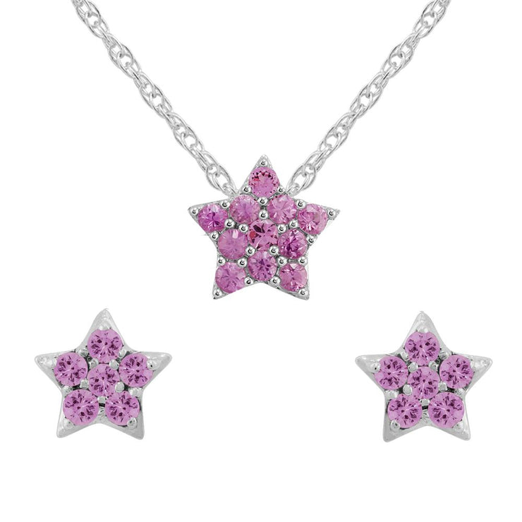 Ciondolo e orecchini a lobo Star in oro bianco 375 con zaffiri rosa