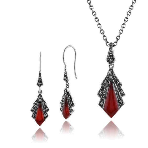 Collana con pendente in stile Art Déco e orecchini a ventaglio Argento 925 con corniola e marcasite