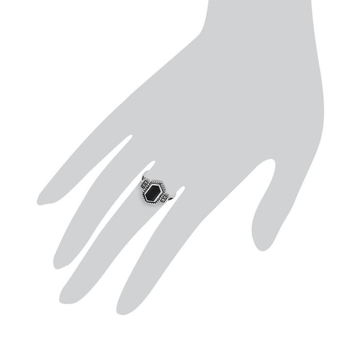 Gemondo - Anello in stile Art Déco, argento puro 925 da 1,00 ct, onice nero e marcasite da 4,8 pt