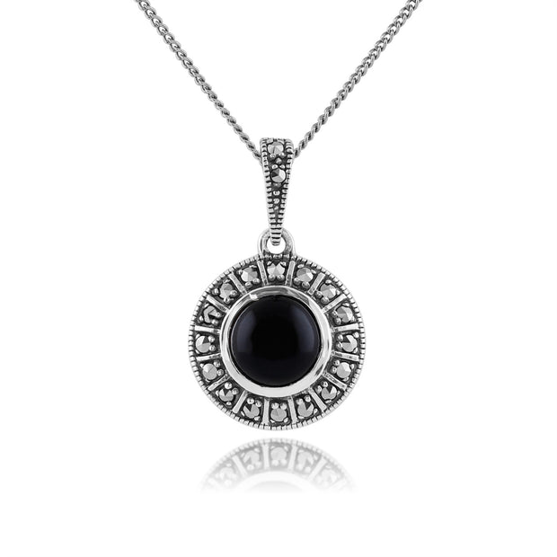 Ciondolo in stile Art Déco in argento 925 tondo con onice nero e marcasite