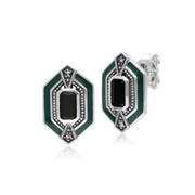 Orecchini esagonali in argento sterling con onice nero, marcasite e smalto verde