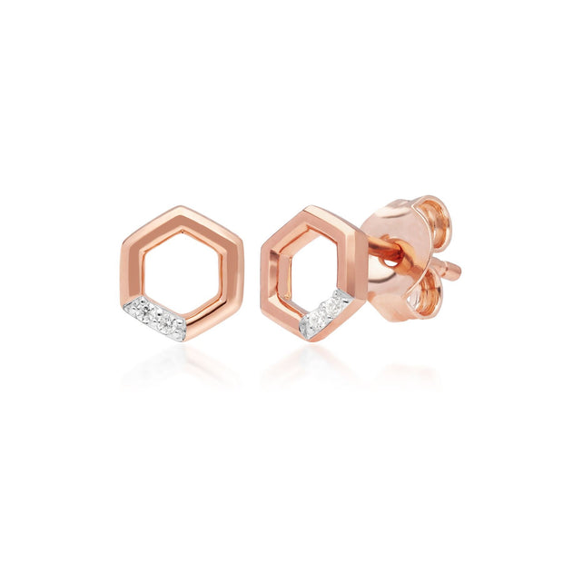Collana e orecchini a bottone con diamanti esagonali in oro rosa 375 con pavé di diamanti