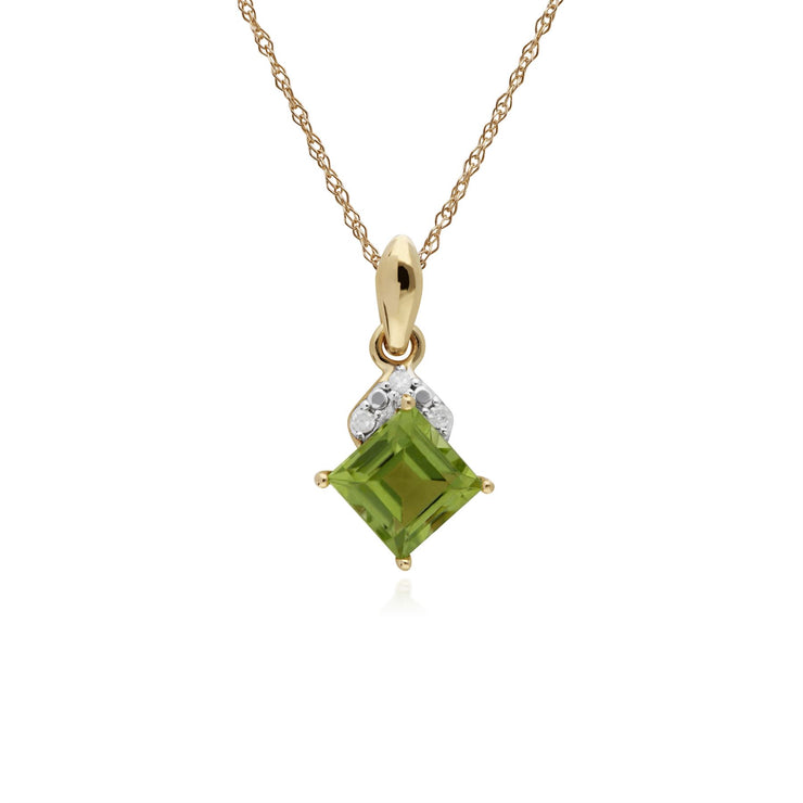 Collana con peridoto, ciondolo con peridoto in oro giallo da 9 ct e diamante quadrato su catena da 45 cm