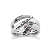 Anello serpente in stile Art Nouveau in argento sterling con rubino e marcasite