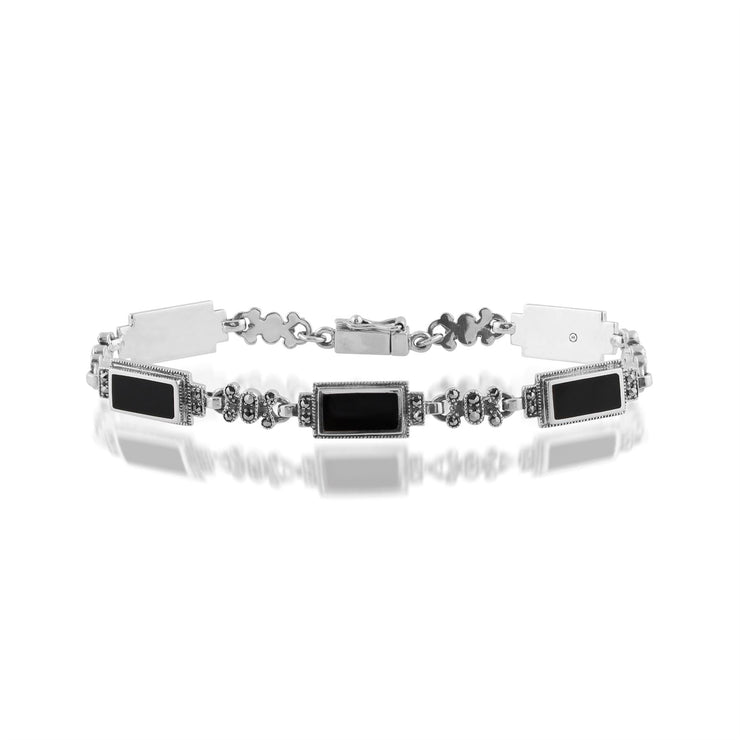 Bracciale in stile Art Deco Argento 925 rettangolare con onice nero e marcasite