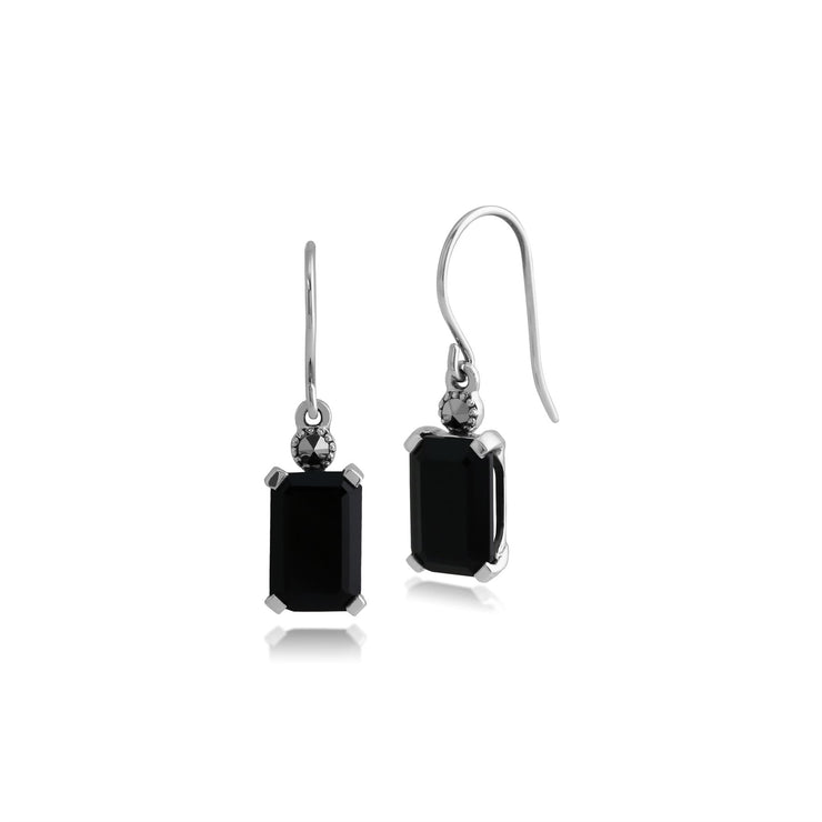 Orecchini pendenti in stile Art Déco in argento 925 ottagonali con onice nero e marcasite