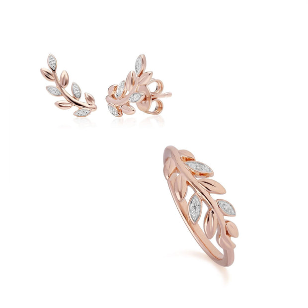 Anello e orecchini a Lobo O Leaf in oro rosa 375 con diamanti