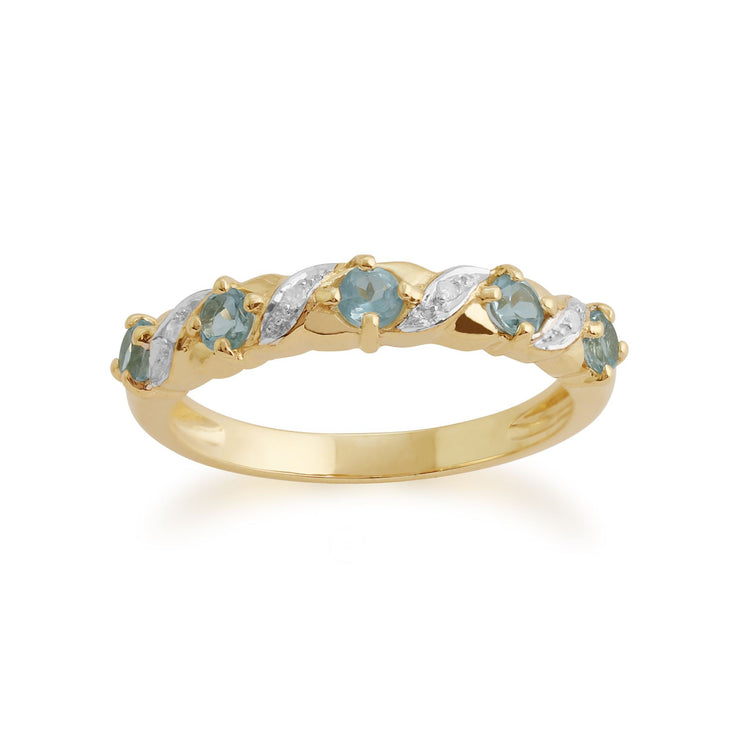 Anello Gemondo con topazio azzurro, anello Half Eternity in oro giallo da 9 ct con topazio azzurro da 0,45 ct e diamante