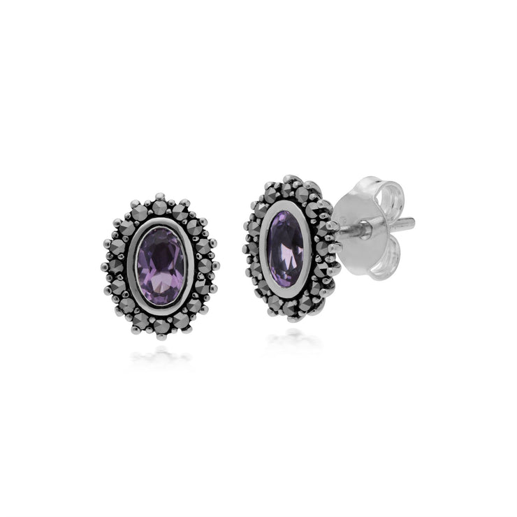 Ciondolo e orecchini in stile Art Déco Argento 925 con ametista ovale e aureola di marcasite