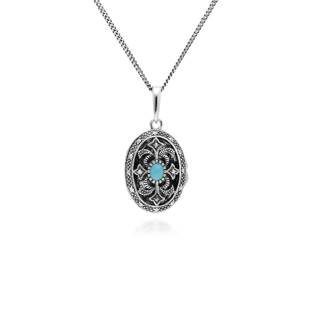 Collana Porta Foto Stile Art Nouveau Argento 925 Ovale Turchese