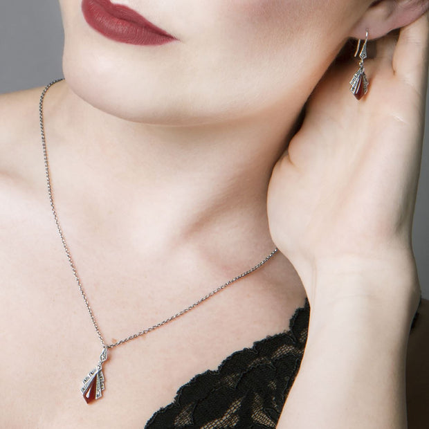 Collana con pendente in stile Art Déco e orecchini a ventaglio Argento 925 con corniola e marcasite