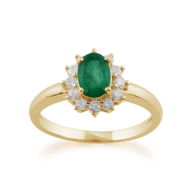 Orecchini a bottone e anello ovali classici in oro giallo 375 con smeraldi e diamanti a grappolo