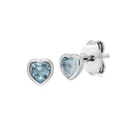 Orecchini a bottone a cuore con pietra singola in argento sterling con topazio blu