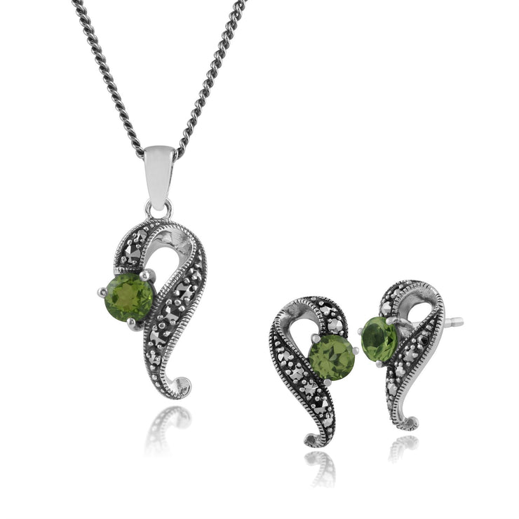 Collana e orecchini a bottone intrecciato in stile Art Nouveau Argento 925 con peridoto rotondo e marcasite