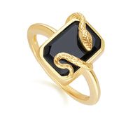 Grande anello serpente a spirale decorativo in onice nero in argento placcato oro fino