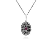 Collana portafoto in stile Art Nouveau in argento 925 con rubino ovale