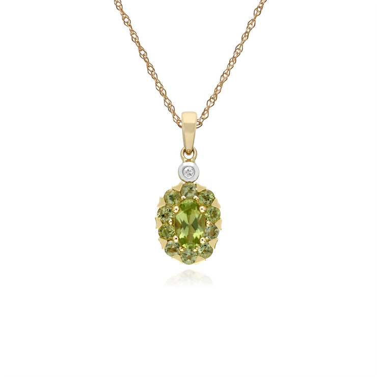 Classici orecchini a lobo e pendenti in oro giallo 375 con peridoto e cluster di diamanti