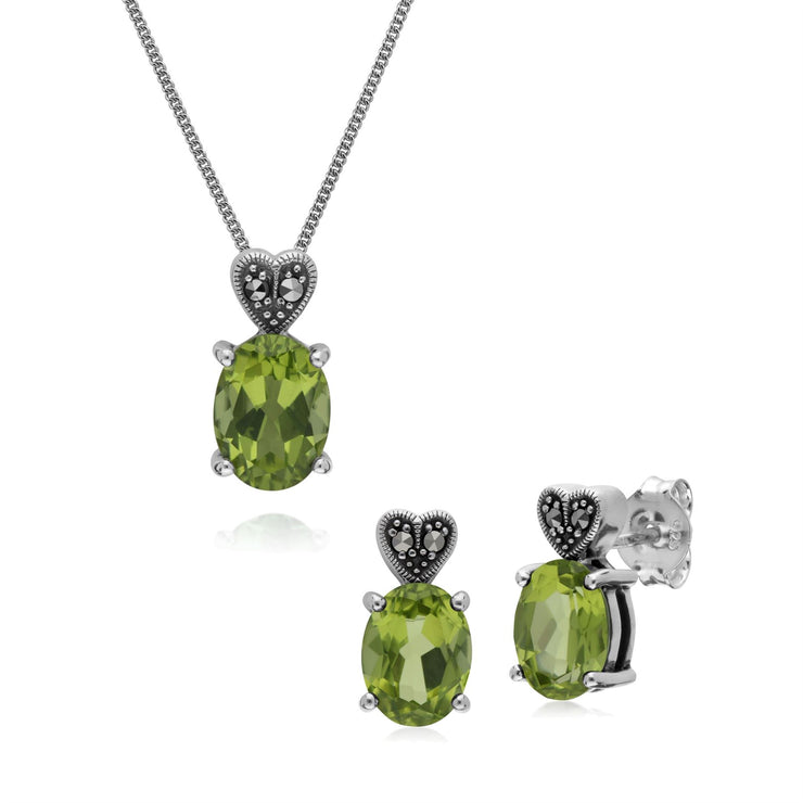 Orecchini pendenti e a bottone in stile Art Deco Argento 925 con peridoto ovale e marcasite