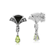 Orecchini pendenti a ventaglio in argento sterling con peridoto, onice nero e marcasite