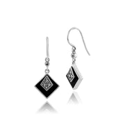 Collana e orecchini con pendente quadrato in stile Art Déco, argento 925, cabochon di onice nero e marcasite