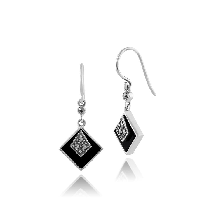 Collana e orecchini con pendente quadrato in stile Art Déco, argento 925, cabochon di onice nero e marcasite