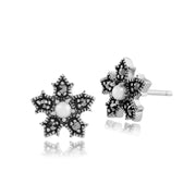 Orecchini floreali in argento 925 con perle coltivate e marcasite