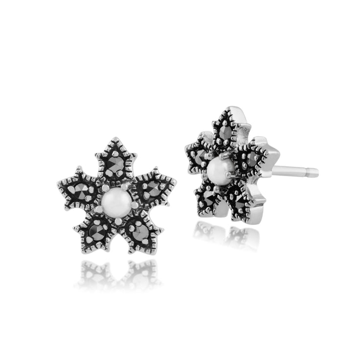 Orecchini floreali in argento 925 con perle coltivate e marcasite