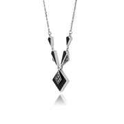 Collana e orecchini con pendente quadrato in stile Art Déco, argento 925, cabochon di onice nero e marcasite