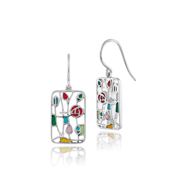 Orecchini pendenti e pendenti rettangolari stile Rennie Mackintosh in argento 925 con topazio rotondo e smalto