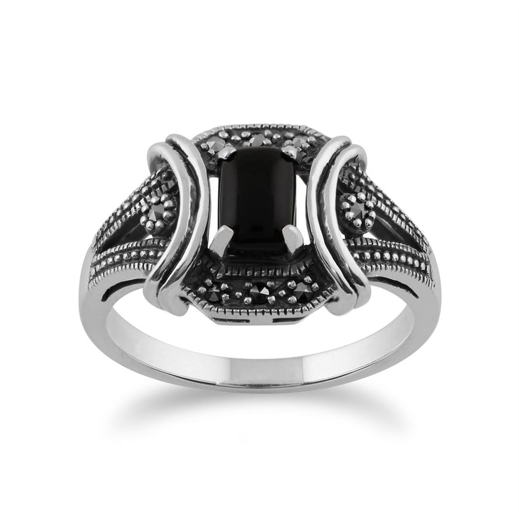 Anello Gemondo Art Déco, argento sterling 925 da 0,58 ct, onice nero, marcasite e anello Art Déco