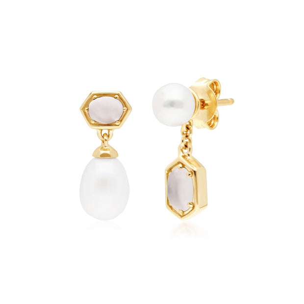 Orecchini pendenti asimmetrici con perle moderne Argento 925 placcato oro Perla e pietra di luna