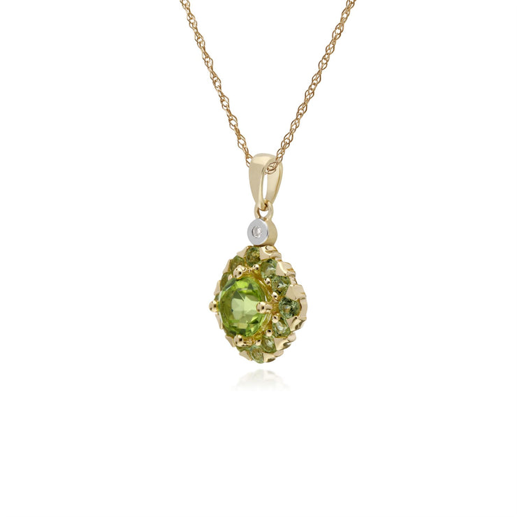 Pendente con peridoto rotondo e diamante quadrato in oro giallo da 9 ct su catena da 45 cm