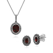 Pendente collana e orecchini ovali granato e marcasite in argento 925 in stile Art Déco