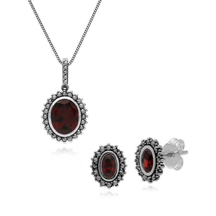 Pendente collana e orecchini ovali granato e marcasite in argento 925 in stile Art Déco